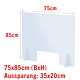 Plexiglas Schutzscheibe 75 x 85 cm mit Aussparung (35 x 20 cm) und Plexiglasfüssen. Hygienelösung für Unternehmen.